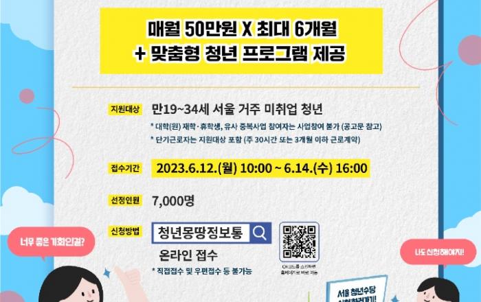 '23년 서울 청년수당 2차 참여자 7천명 모집… 6.12.~14. 접수