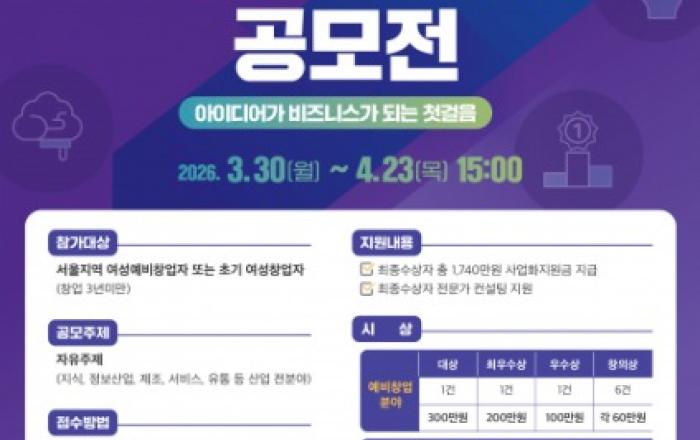 서울광역새일센터, 2026년 제6회 서울여성 창업 아이디어 공모전 개최… 총상금 1740만원